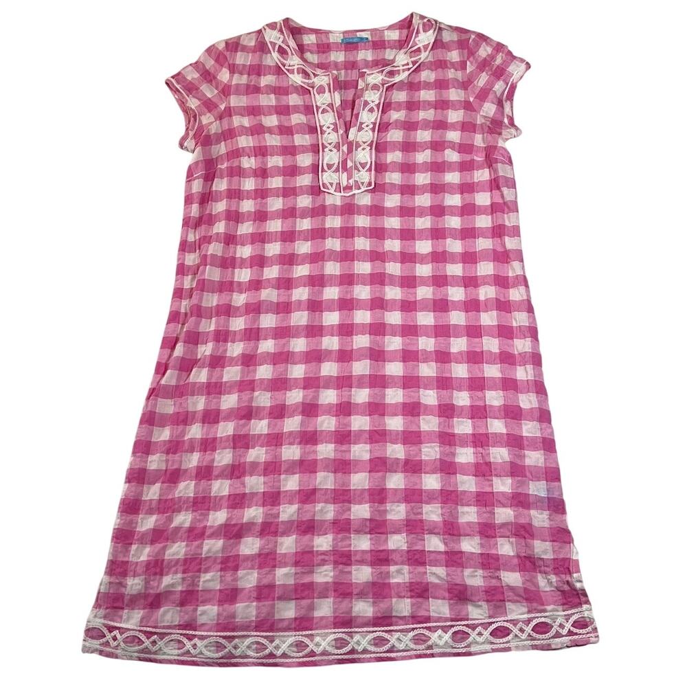 J. McLaughlin Short Sleeve Gingham Embroidered Rhett Dress Size S Cotton Preppy
